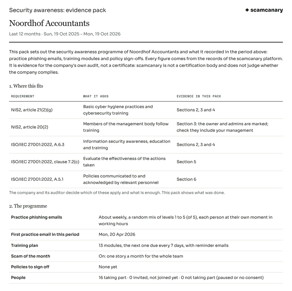 The first page of an audit pack: where it fits in NIS2 and ISO 27001, and the training programme