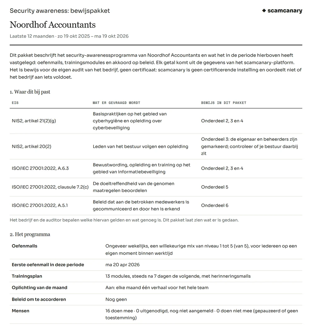 De eerste pagina van een auditdossier: waar het past in NIS2 en ISO 27001, en het trainingsprogramma